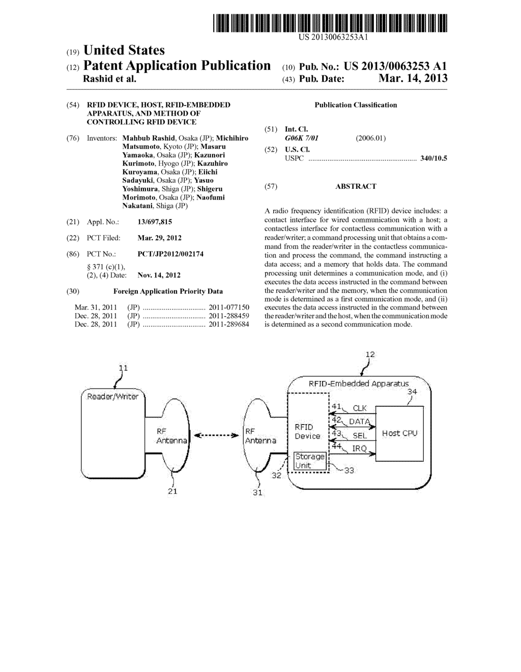 RFID DEVICE, HOST, RFID-EMBEDDED  APPARATUS, AND METHOD OF CONTROLLING     RFID DEVICE - diagram, schematic, and image 01