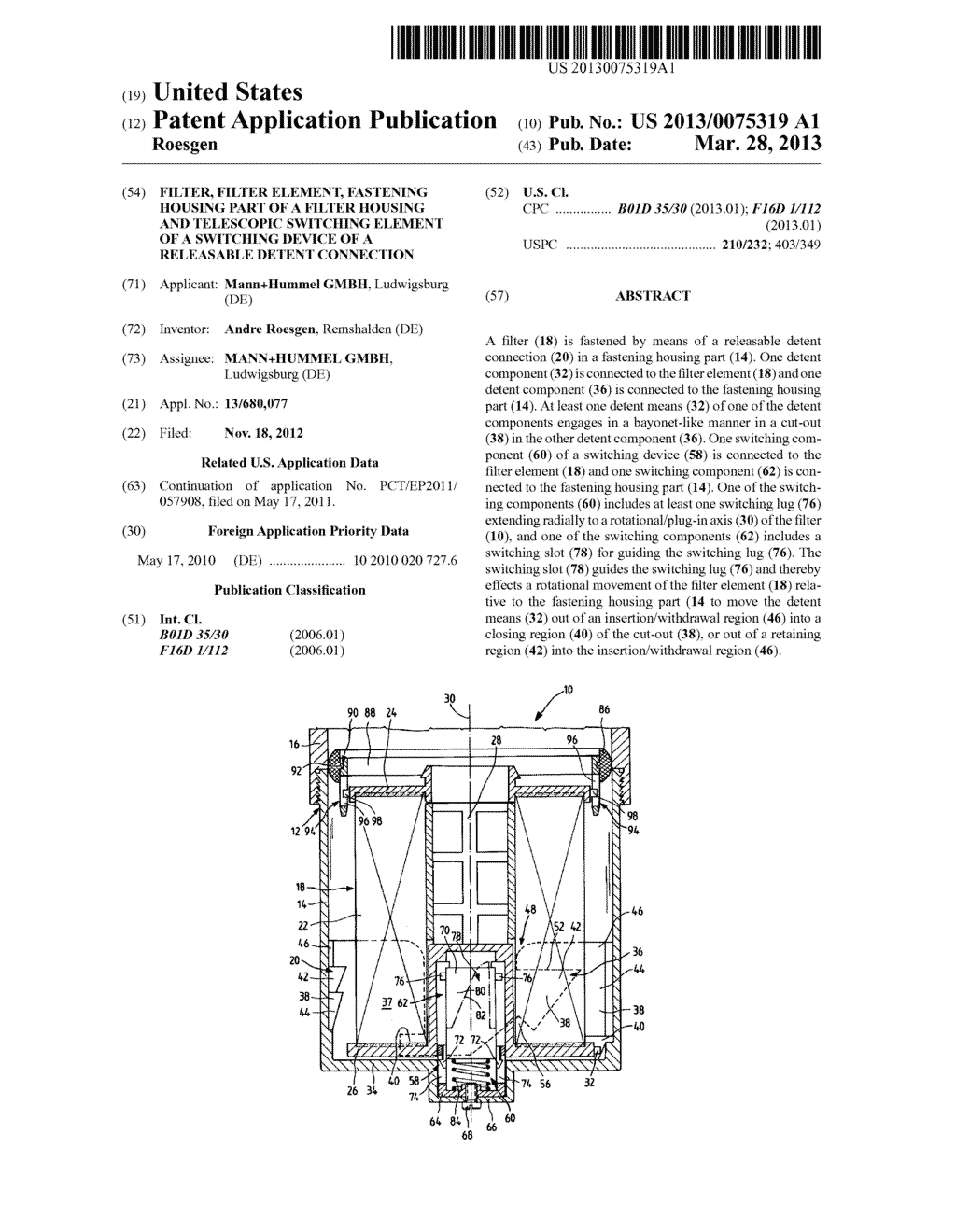 Filter, Filter Element, Fastening Housing Part of a Filter Housing and     Telescopic Switching Element of a Switching Device of a Releasable Detent     Connection - diagram, schematic, and image 01