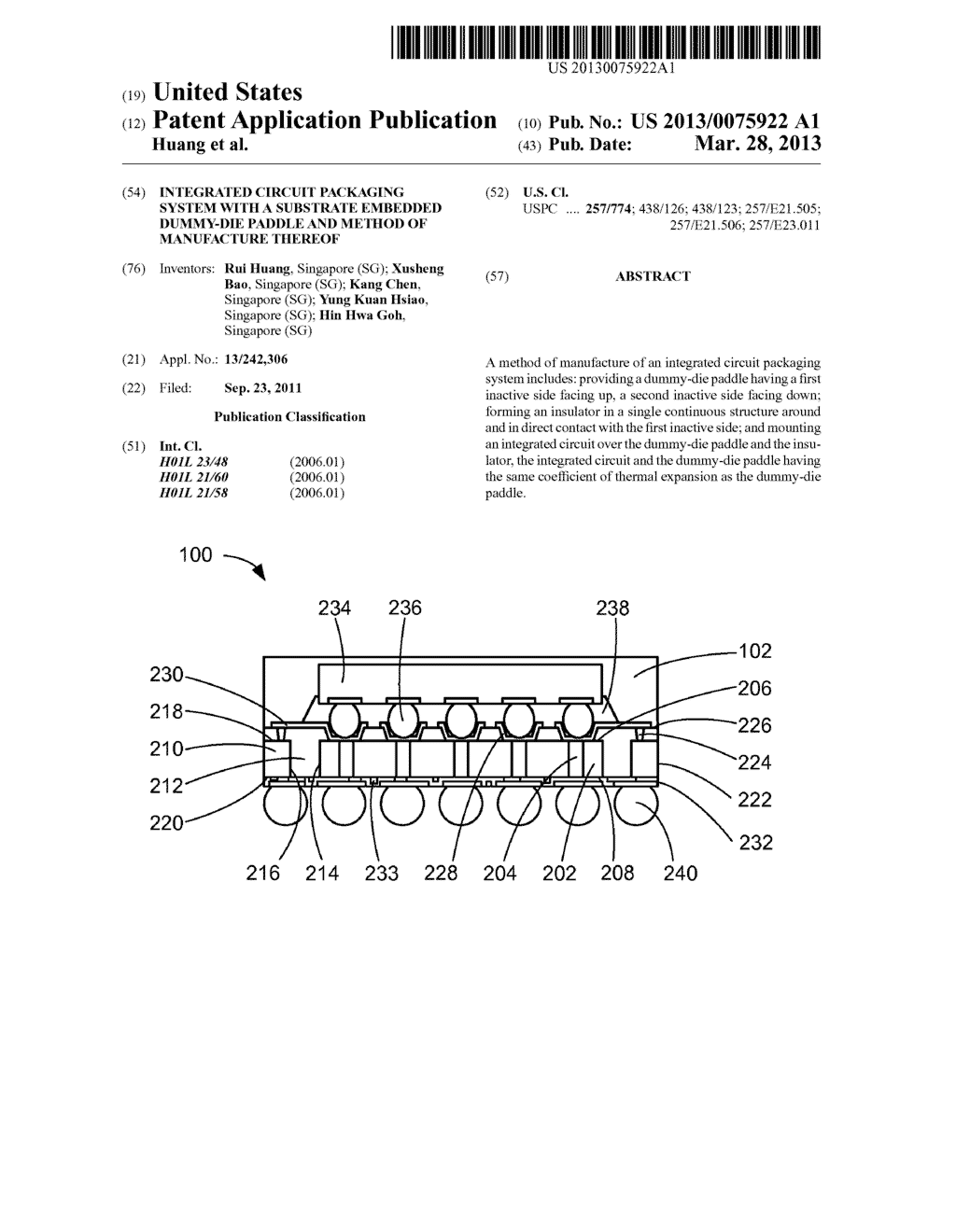 INTEGRATED CIRCUIT PACKAGING SYSTEM WITH A SUBSTRATE EMBEDDED DUMMY-DIE     PADDLE AND METHOD OF MANUFACTURE THEREOF - diagram, schematic, and image 01