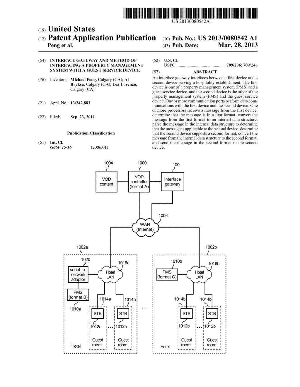 INTERFACE GATEWAY AND METHOD OF INTERFACING A PROPERTY MANAGEMENT SYSTEM     WITH A GUEST SERVICE DEVICE - diagram, schematic, and image 01