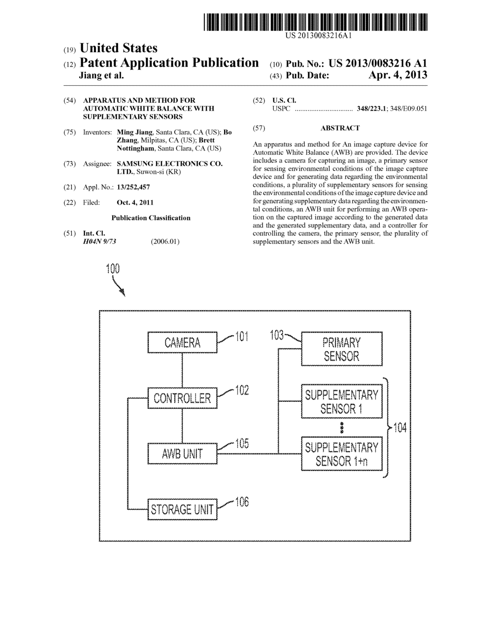 APPARATUS AND METHOD FOR AUTOMATIC WHITE BALANCE WITH SUPPLEMENTARY     SENSORS - diagram, schematic, and image 01