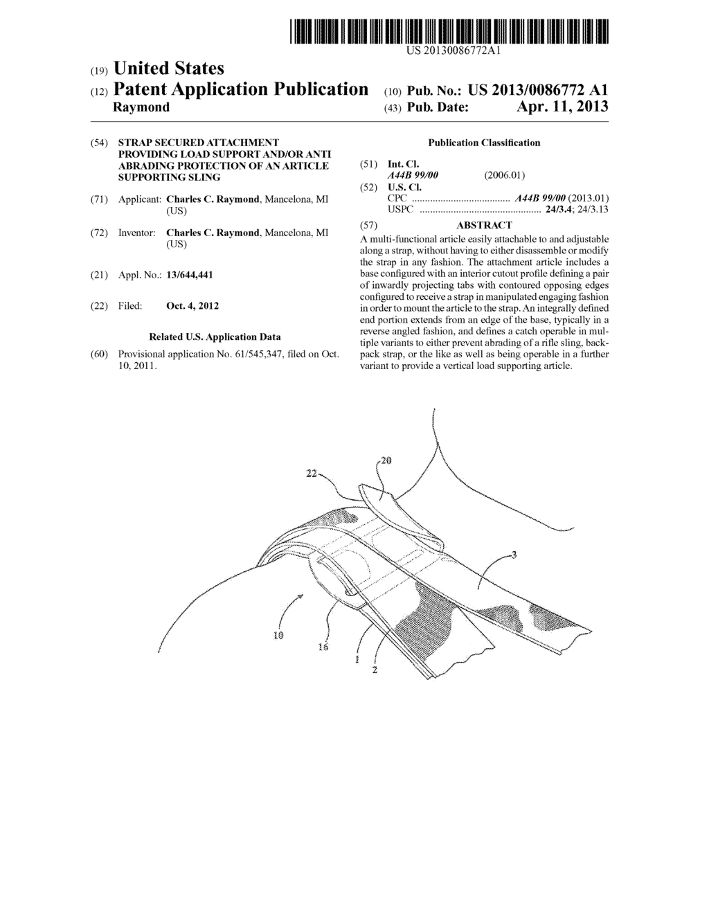 Strap Secured Attachment Providing Load Support and/or Anti Abrading     Protection of an Article Supporting Sling - diagram, schematic, and image 01