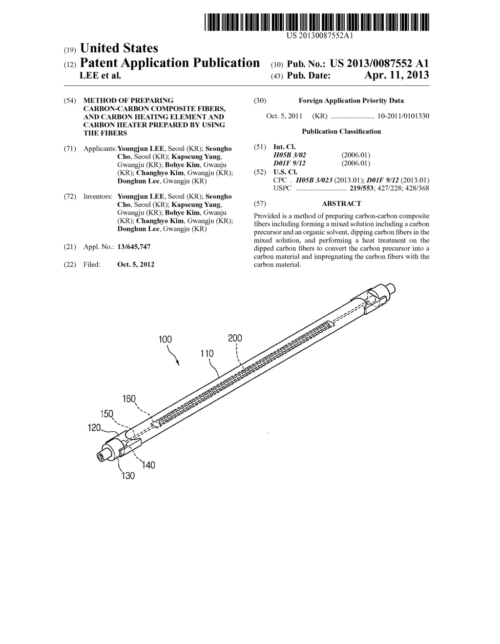 METHOD OF PREPARING CARBON-CARBON COMPOSITE FIBERS, AND CARBON HEATING     ELEMENT AND CARBON HEATER PREPARED BY USING THE FIBERS - diagram, schematic, and image 01