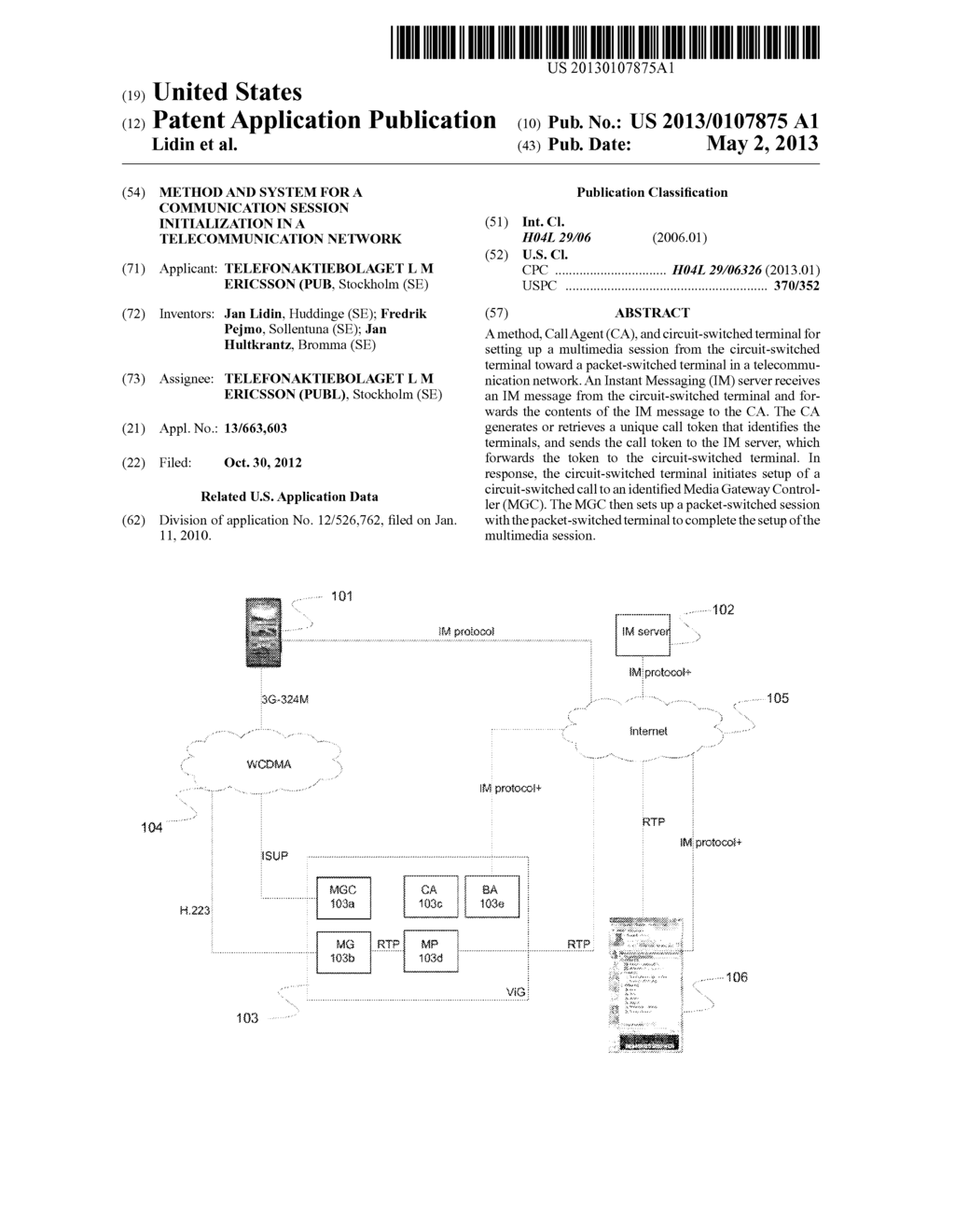 METHOD AND SYSTEM FOR A COMMUNICATION SESSION INITIALIZATION IN A     TELECOMMUNICATION NETWORK - diagram, schematic, and image 01