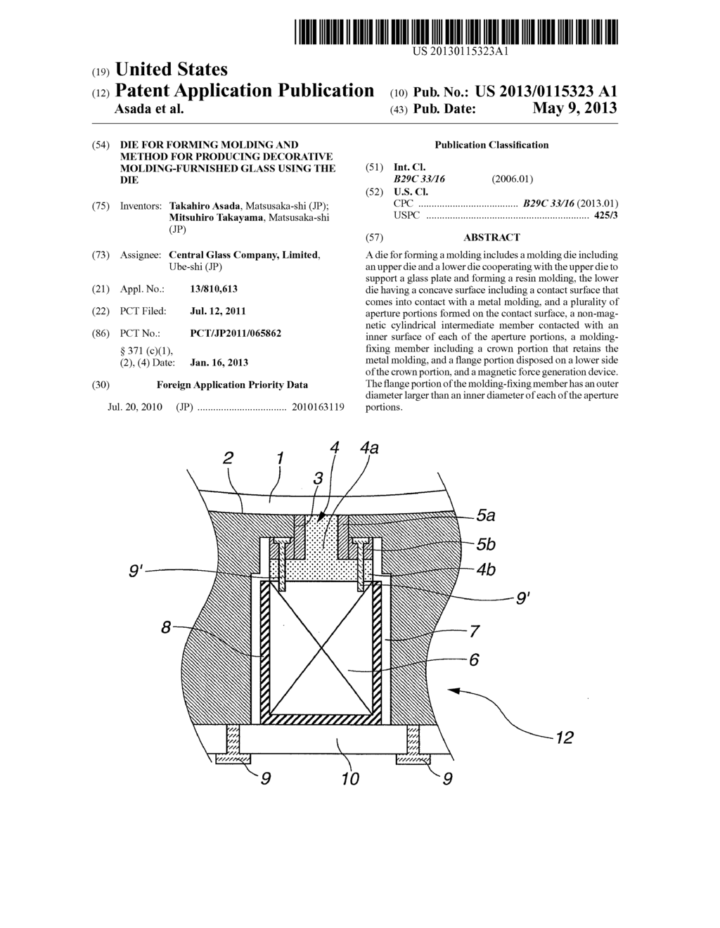 DIE FOR FORMING MOLDING AND METHOD FOR PRODUCING DECORATIVE     MOLDING-FURNISHED GLASS USING THE DIE - diagram, schematic, and image 01