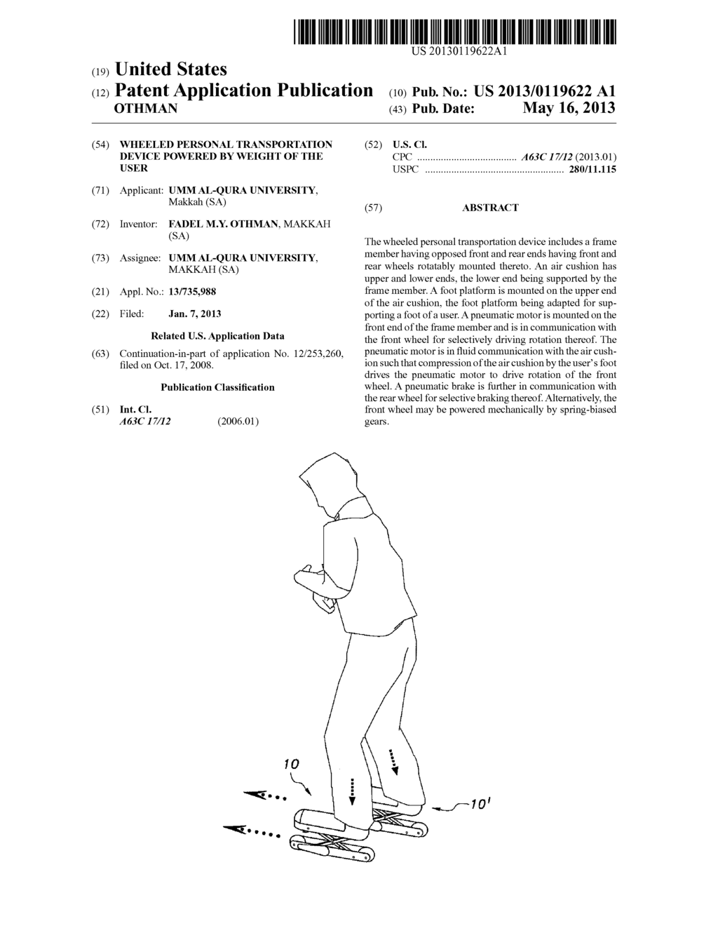 WHEELED PERSONAL TRANSPORTATION DEVICE POWERED BY WEIGHT OF THE USER - diagram, schematic, and image 01