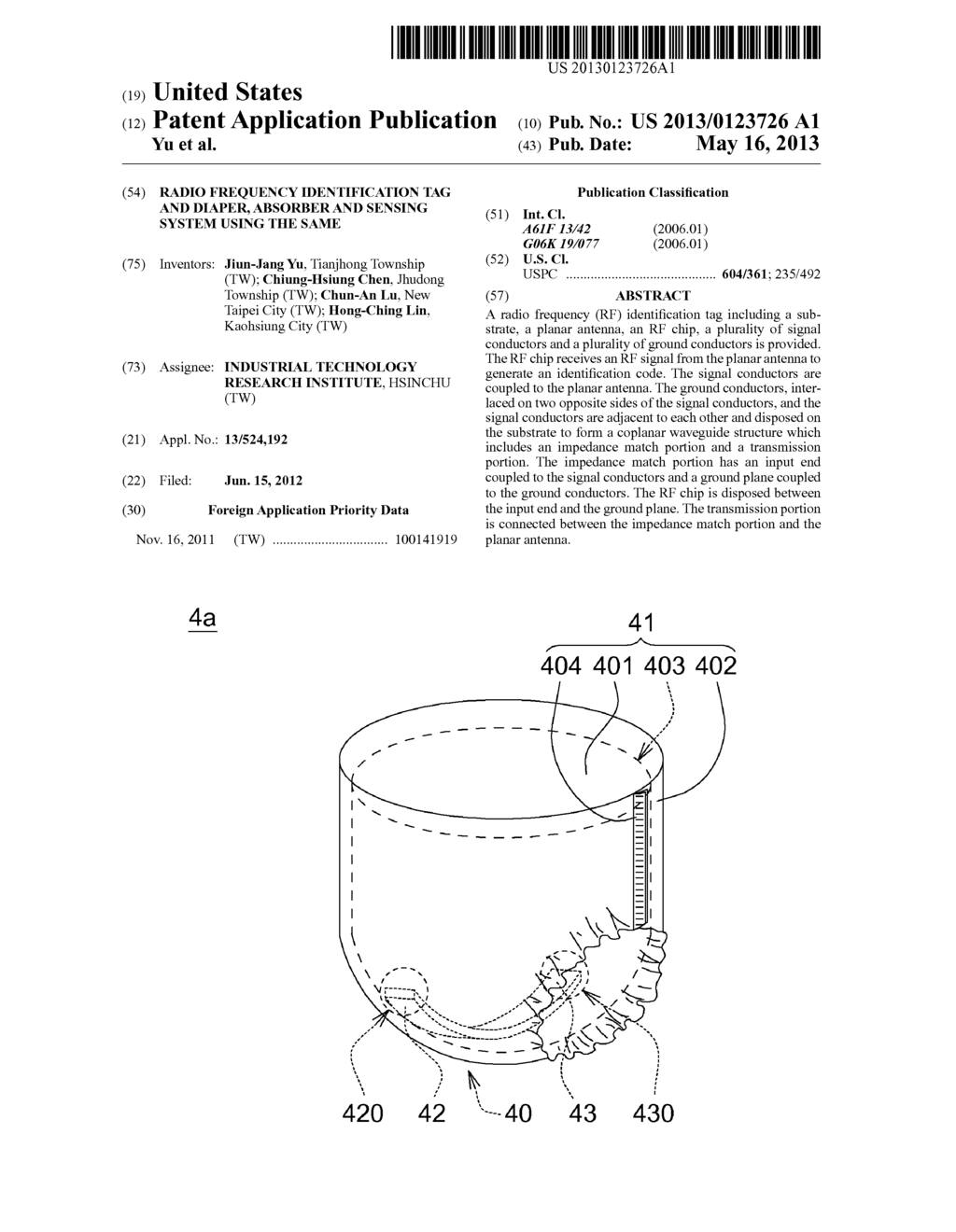 RADIO FREQUENCY IDENTIFICATION TAG AND DIAPER, ABSORBER AND SENSING SYSTEM     USING THE SAME - diagram, schematic, and image 01