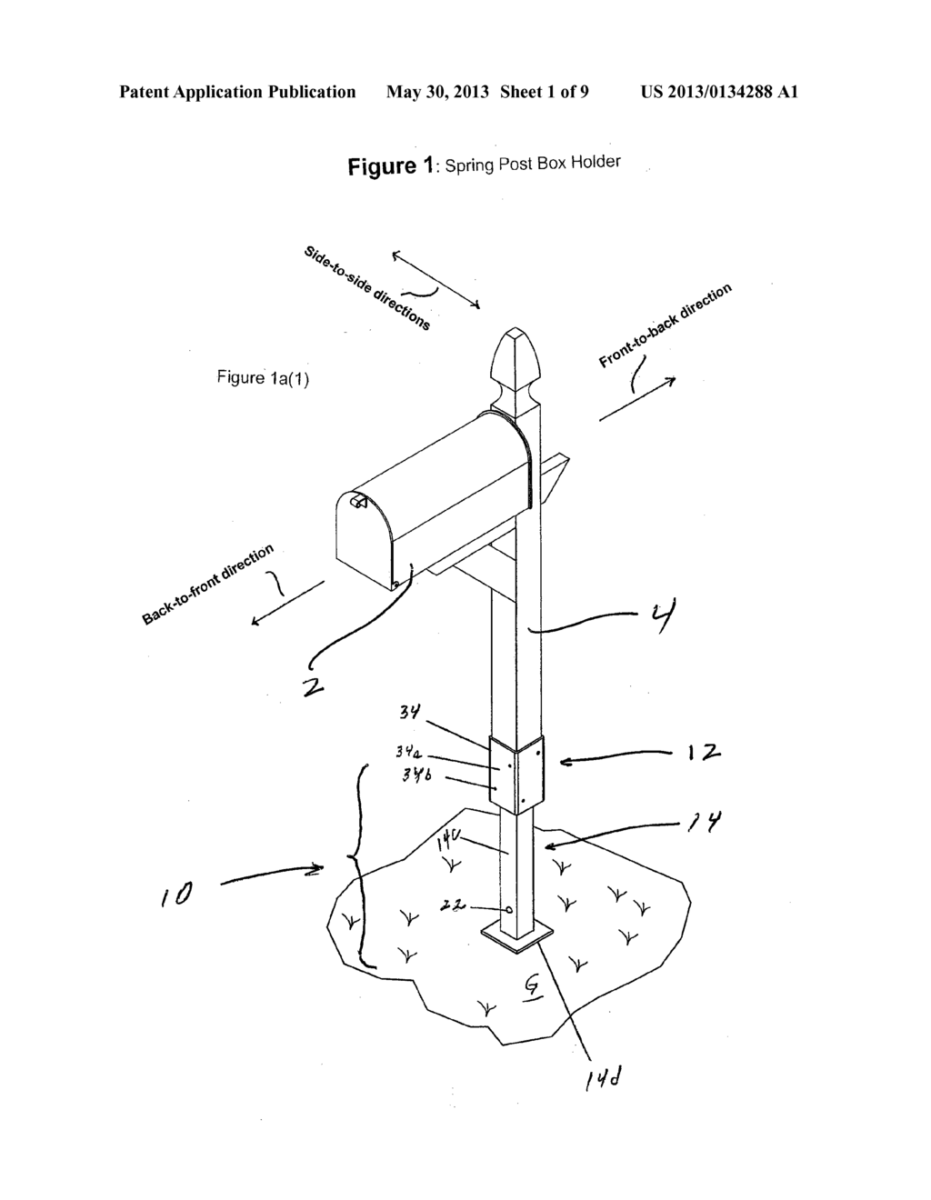 SPRING POST BOX HOLDER FOR RECEIVING A MAILBOX AND POST ARRANGEMENT FOR     ABSORBING IMPACTS, E.G., FROM SNOW, SLUSH, ICE AND WATER THROWN FROM A     PLOWBLADE - diagram, schematic, and image 02
