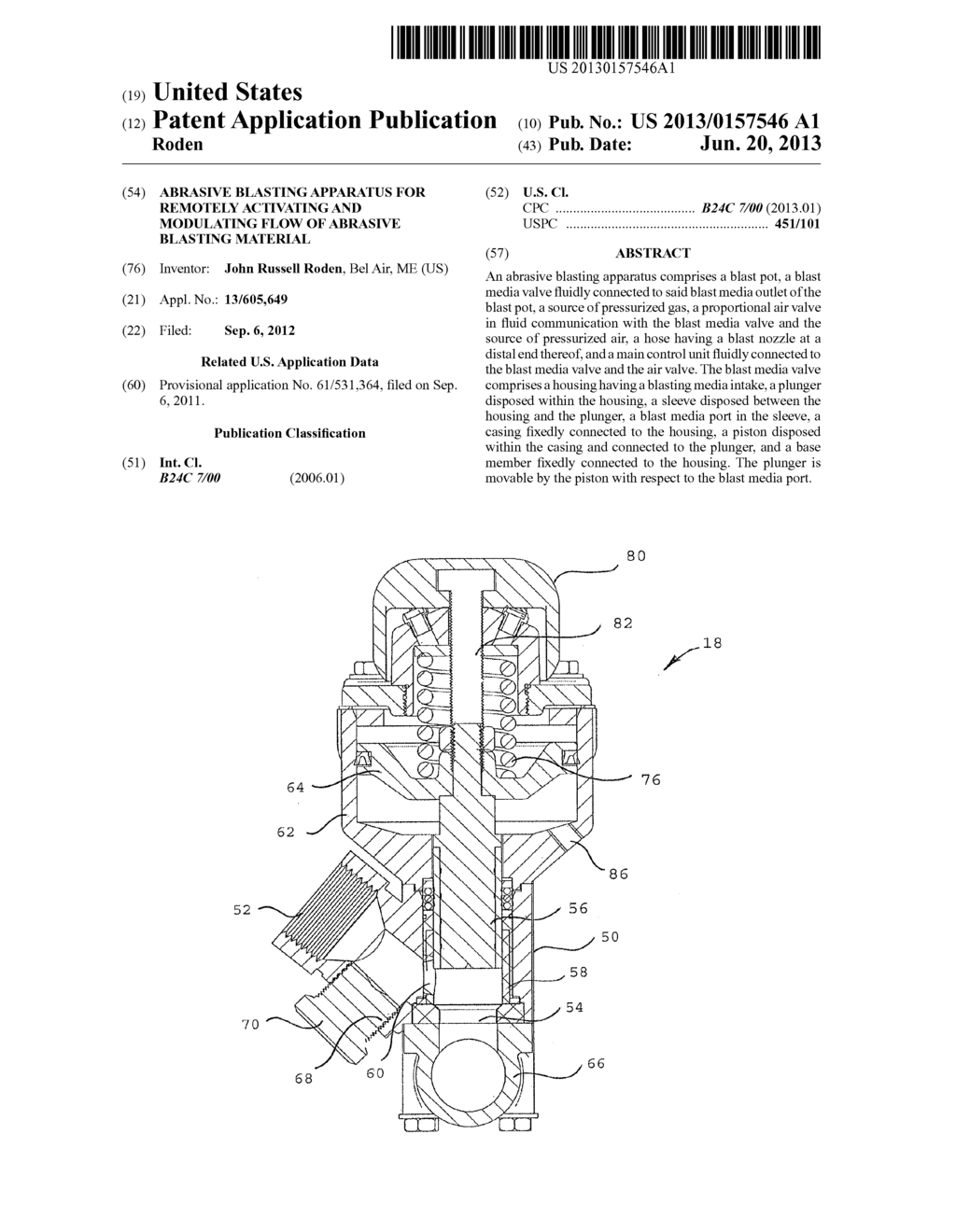 ABRASIVE BLASTING APPARATUS FOR REMOTELY ACTIVATING AND MODULATING FLOW OF     ABRASIVE BLASTING MATERIAL - diagram, schematic, and image 01