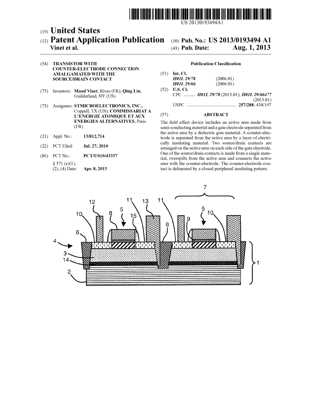 TRANSISTOR WITH COUNTER-ELECTRODE CONNECTION AMALGAMATED WITH THE     SOURCE/DRAIN CONTACT - diagram, schematic, and image 01