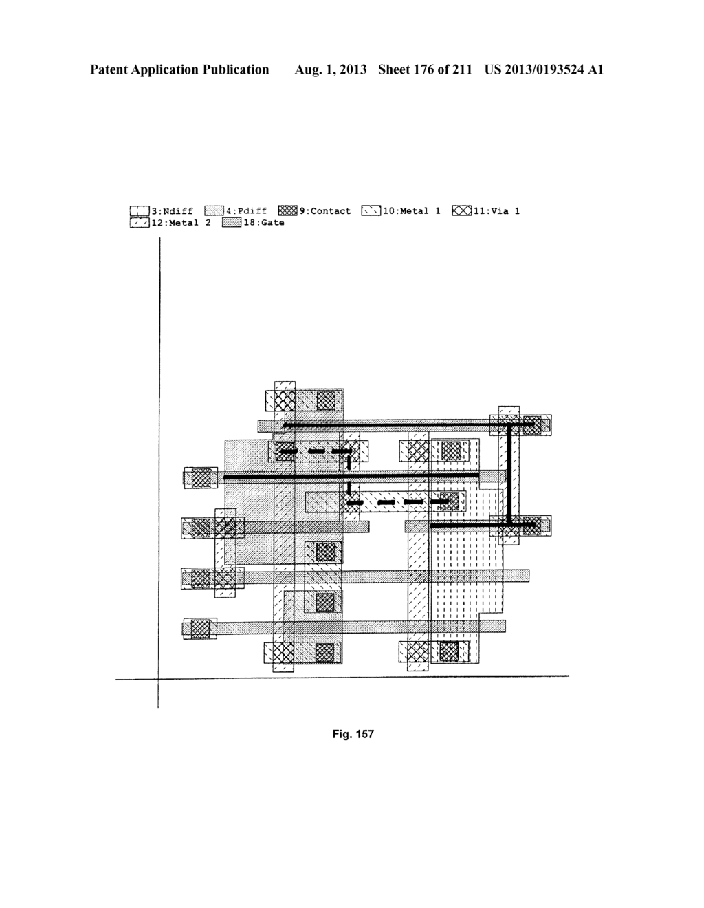 Cross-Coupled Transistor Circuit Having Diffusion Regions of Common Node     on Opposing Sides of Same Gate Electrode Track and Gate Node Connection     Through Single Interconnect Layer - diagram, schematic, and image 177