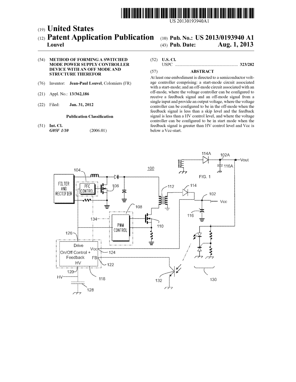 METHOD OF FORMING A SWITCHED MODE POWER SUPPLY CONTROLLER DEVICE WITH AN     OFF MODE AND STRUCTURE THEREFOR - diagram, schematic, and image 01