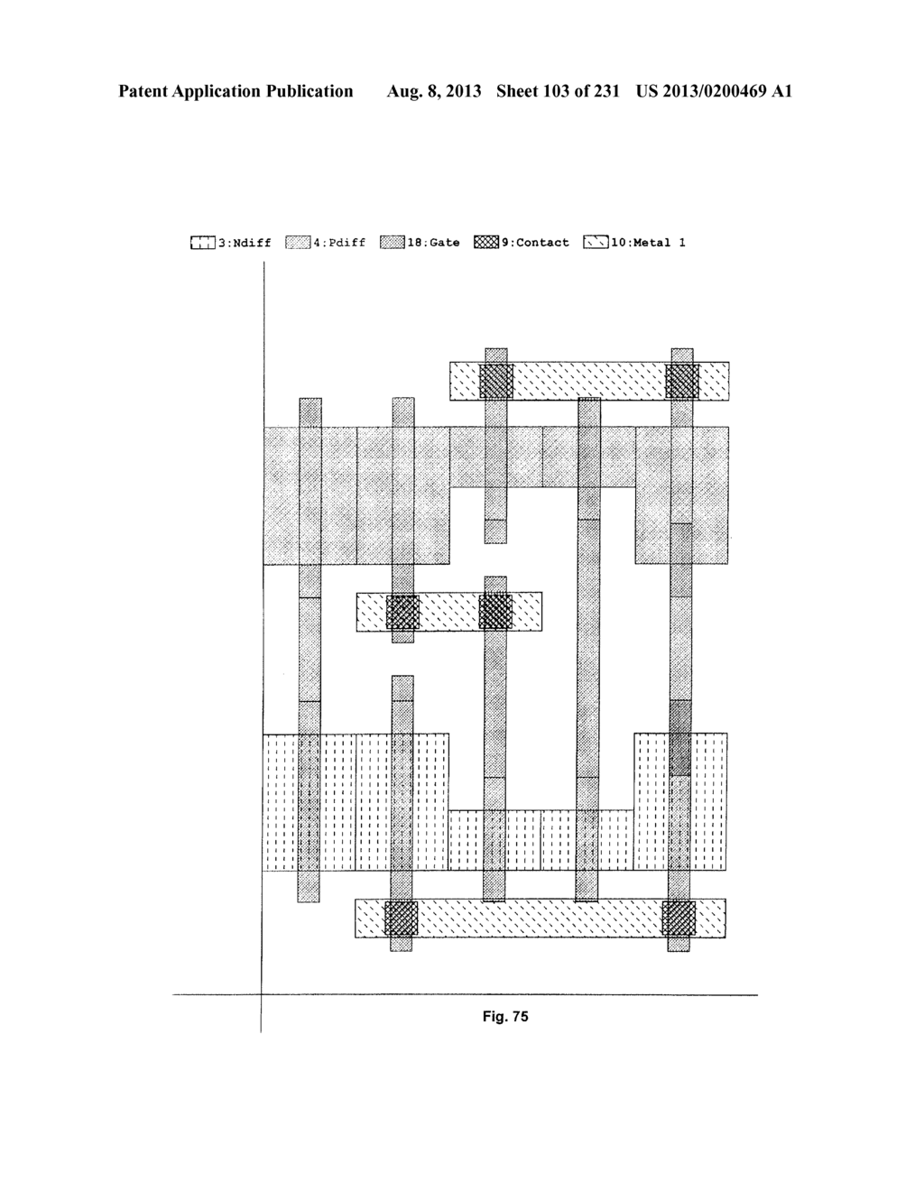 Cross-Coupled Transistor Circuit Defined on Three Gate Electrode Tracks     With Diffusion Regions of Common Node on Opposing Sides of Same Gate     Electrode Track - diagram, schematic, and image 104