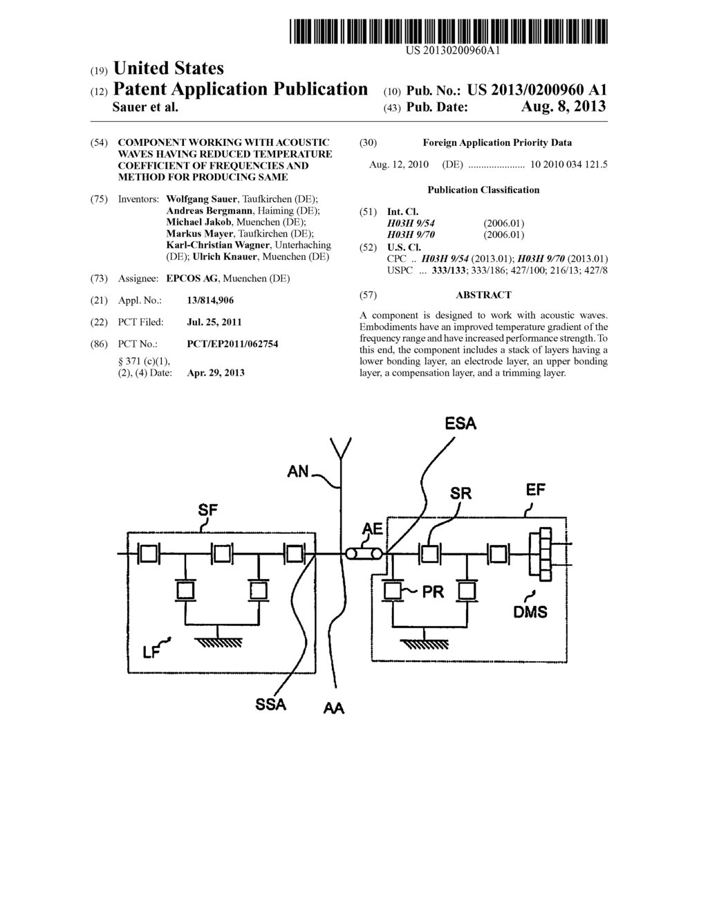 Component Working with Acoustic Waves having Reduced Temperature     Coefficient of Frequencies and Method for Producing Same - diagram, schematic, and image 01