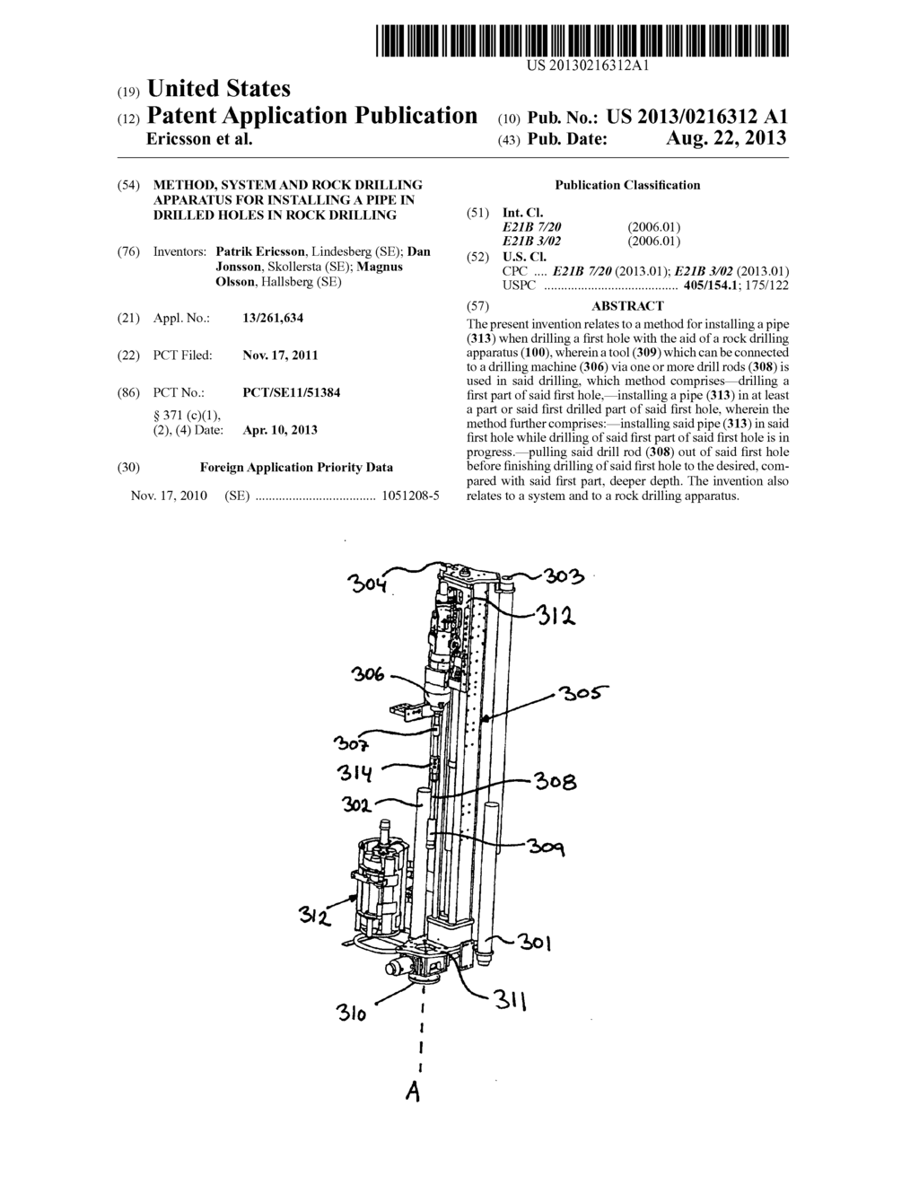 Method, System And Rock Drilling Apparatus For Installing A Pipe In     Drilled Holes In Rock Drilling - diagram, schematic, and image 01