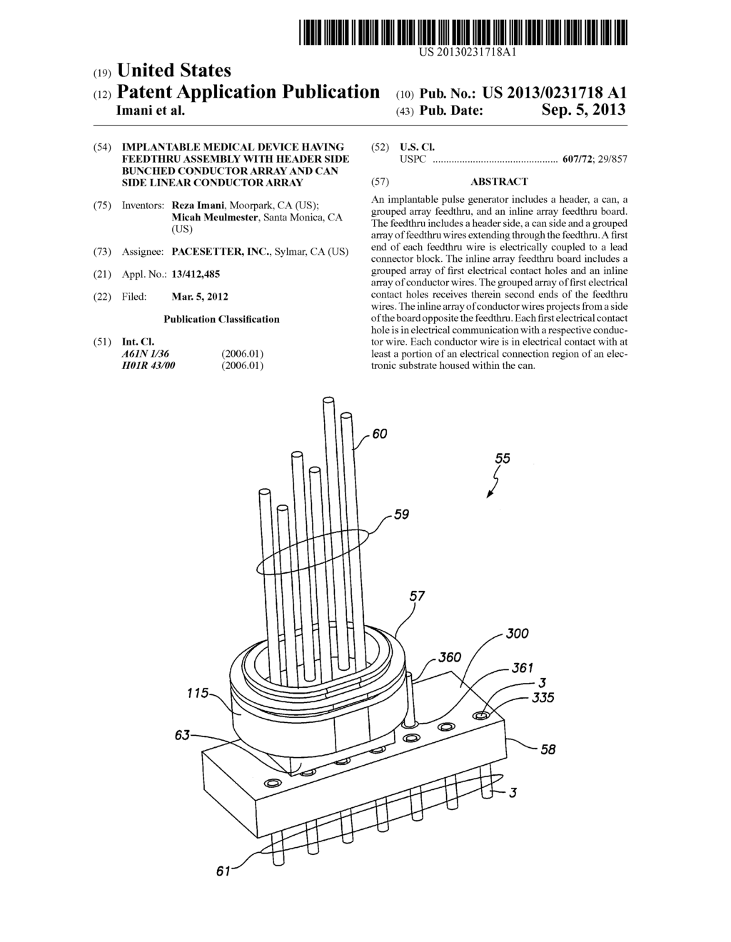 IMPLANTABLE MEDICAL DEVICE HAVING FEEDTHRU ASSEMBLY WITH HEADER SIDE     BUNCHED CONDUCTOR ARRAY AND CAN SIDE LINEAR CONDUCTOR ARRAY - diagram, schematic, and image 01