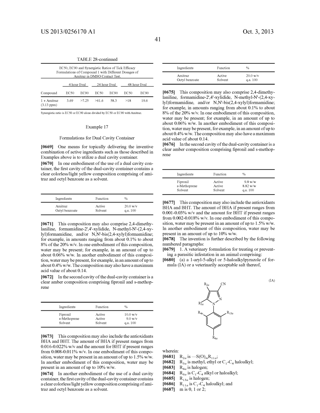 COMPOSITIONS COMPRISING AN ARYL PYRAZOLE AND/OR A FORMAMIDINE, METHODS AND     USES THEREOF - diagram, schematic, and image 49