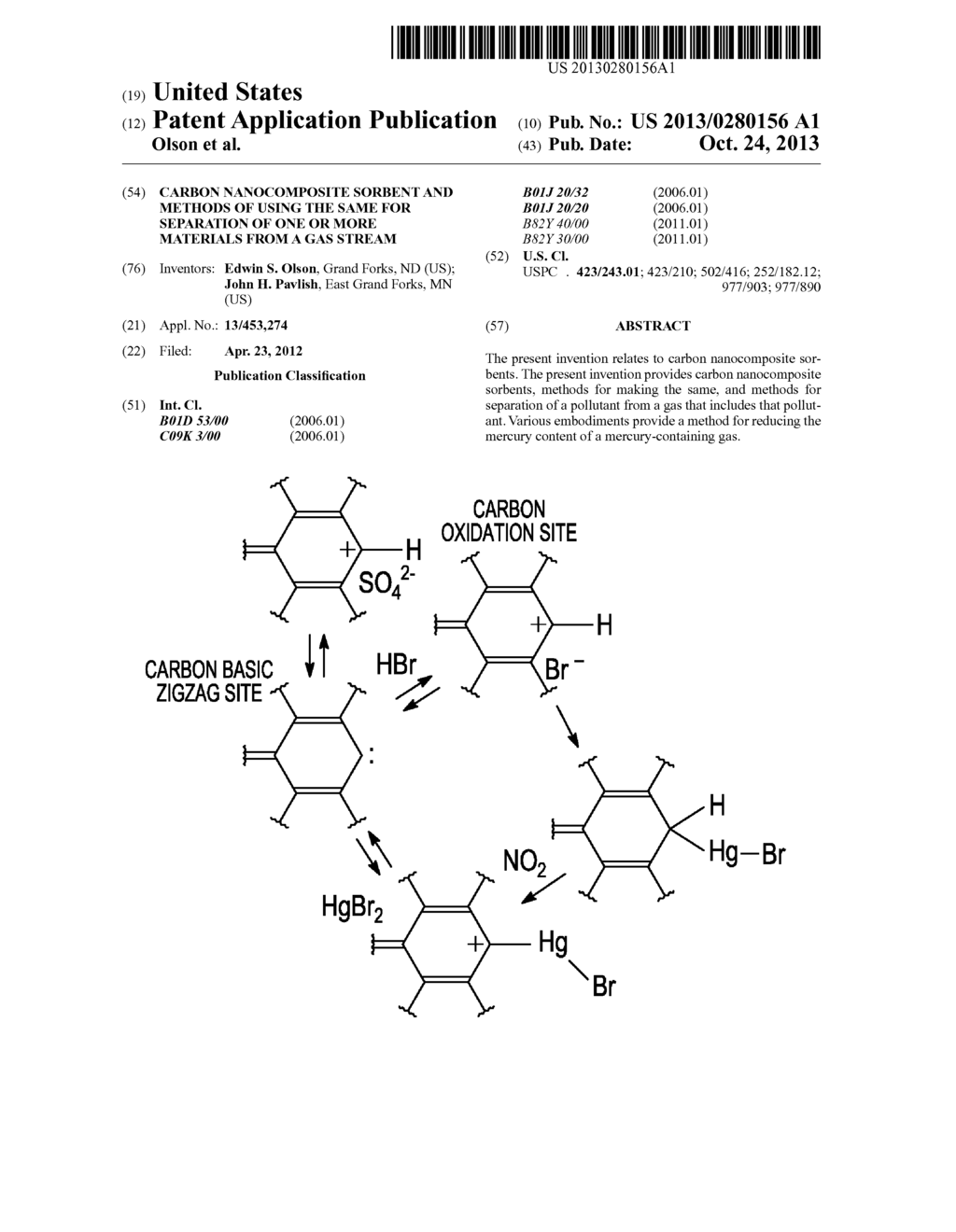 CARBON NANOCOMPOSITE SORBENT AND METHODS OF USING THE SAME FOR SEPARATION     OF ONE OR MORE MATERIALS FROM A GAS STREAM - diagram, schematic, and image 01