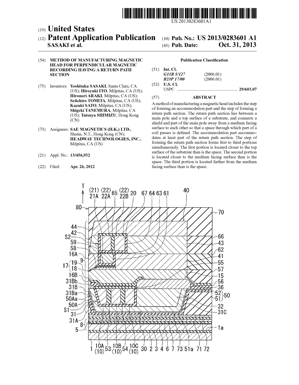 METHOD OF MANUFACTURING MAGNETIC HEAD FOR PERPENDICULAR MAGNETIC RECORDING     HAVING A RETURN PATH SECTION - diagram, schematic, and image 01