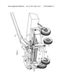 PULL-TYPE CROP HARVESTING MACHINE TRANSPORT SYSTEM WHERE THE MACHINE     REMAINS BALANCED ON TRANSPORT WHEELS AND THE HITCH AS THE TRANSPORT     SYSTEM IS DEPLOYED diagram and image