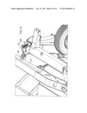 PULL-TYPE CROP HARVESTING MACHINE TRANSPORT SYSTEM WHERE THE MACHINE     REMAINS BALANCED ON TRANSPORT WHEELS AND THE HITCH AS THE TRANSPORT     SYSTEM IS DEPLOYED diagram and image