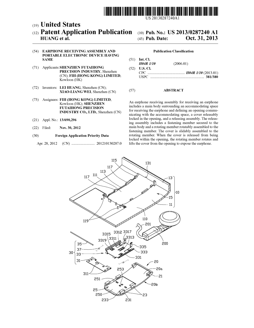 EARPHONE RECEIVING ASSEMBLY AND PORTABLE ELECTRONIC DEVICE HAVING SAME - diagram, schematic, and image 01