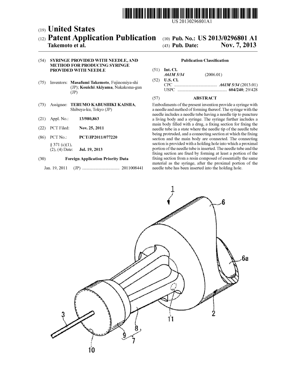 SYRINGE PROVIDED WITH NEEDLE, AND METHOD FOR PRODUCING SYRINGE PROVIDED     WITH NEEDLE - diagram, schematic, and image 01