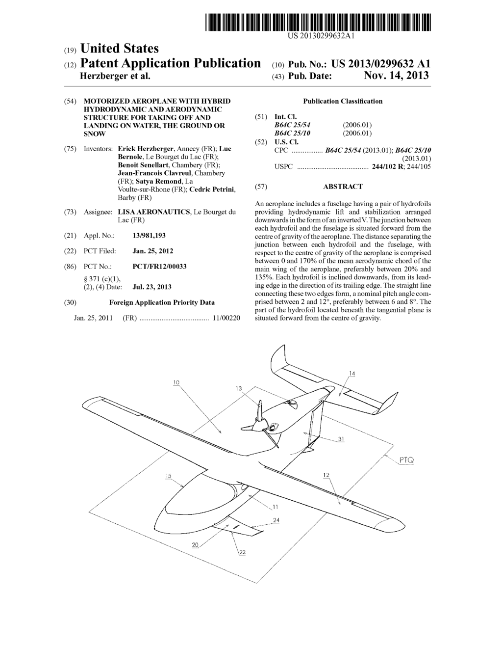 MOTORIZED AEROPLANE WITH HYBRID HYDRODYNAMIC AND AERODYNAMIC STRUCTURE FOR     TAKING OFF AND LANDING ON WATER, THE GROUND OR SNOW - diagram, schematic, and image 01