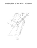 Carrying aid equipped with thumbhole and button snap fastener to permit     transporting and swiveling of a portable touch screen device diagram and image