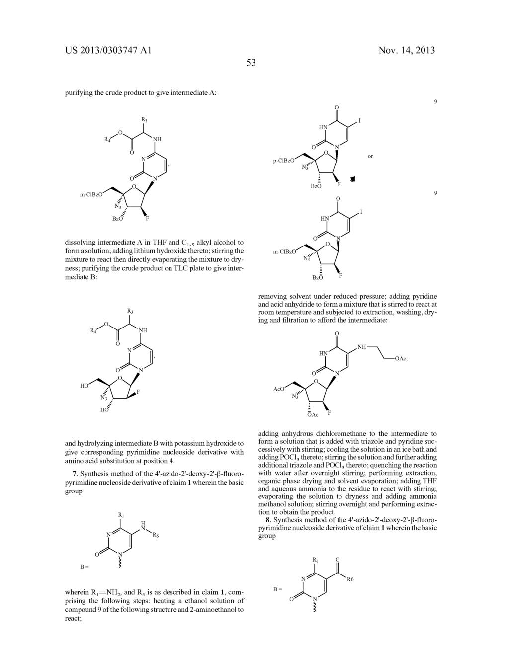 PYRIMIDINE NUCLEOSIDE DERIVATIVES, SYNTHESIS METHODS AND USES THEREOF FOR     PREPARING ANTI-TUMOR AND ANTI-VIRUS MEDICAMENTS - diagram, schematic, and image 54