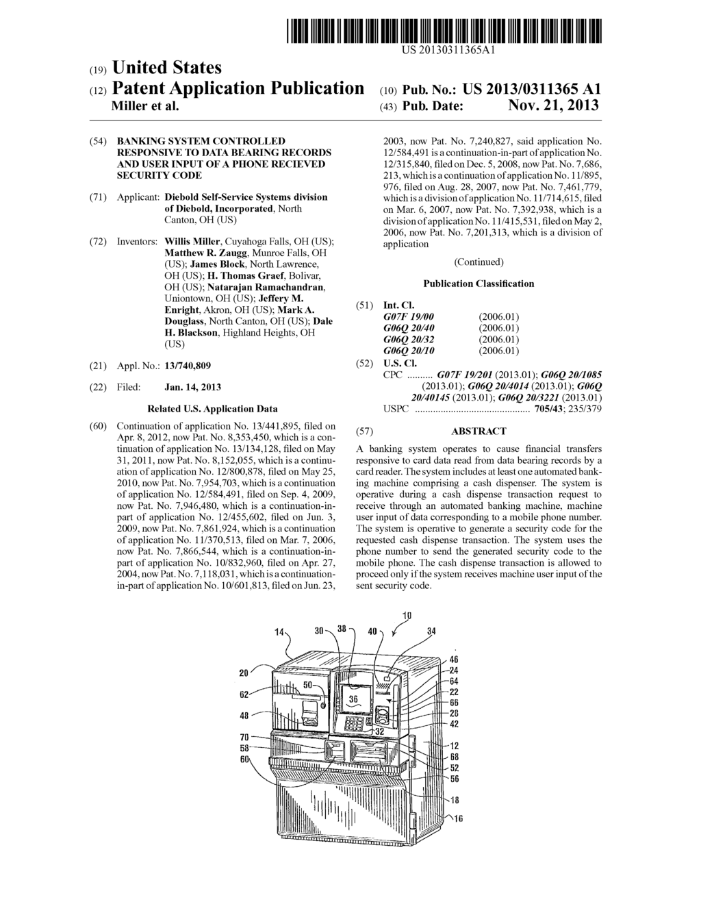 BANKING SYSTEM CONTROLLED RESPONSIVE TO DATA BEARING RECORDS AND USER     INPUT OF A PHONE RECIEVED SECURITY CODE - diagram, schematic, and image 01