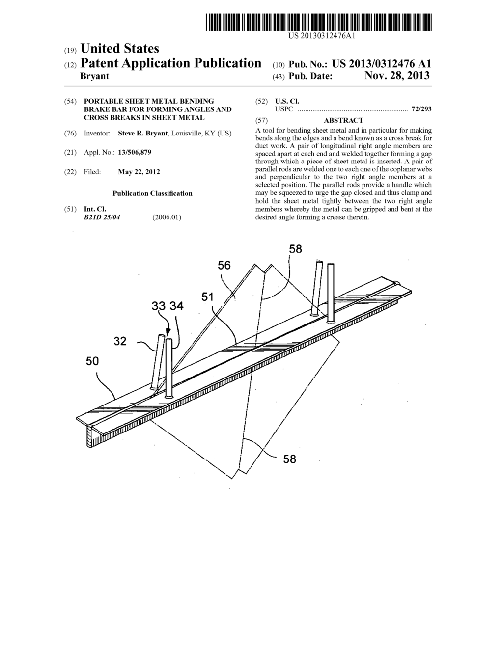 Portable sheet metal bending brake bar for forming angles and cross breaks     in sheet metal - diagram, schematic, and image 01