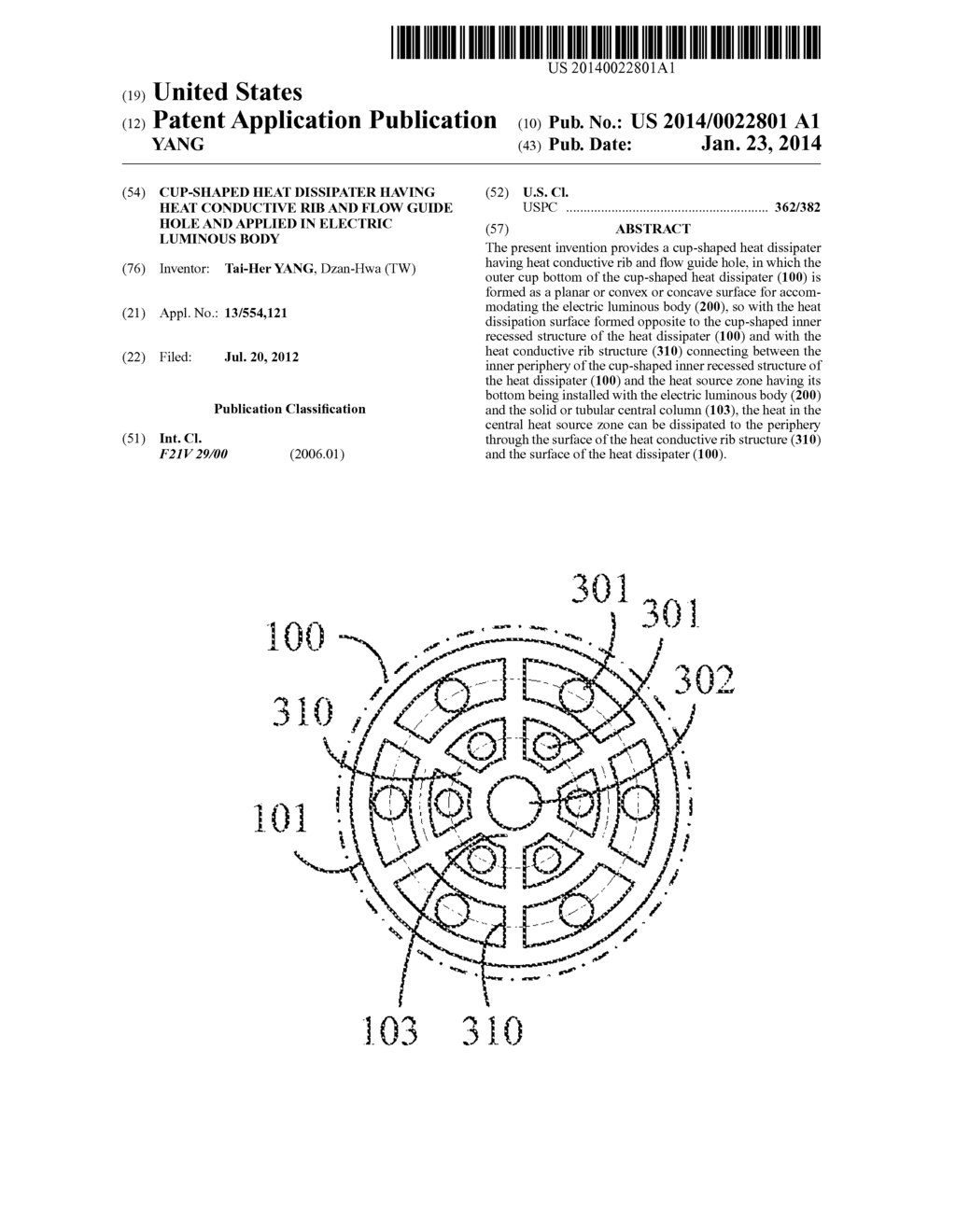 Cup-shaped heat dissipater having heat conductive rib and flow guide hole     and applied in electric luminous body - diagram, schematic, and image 01