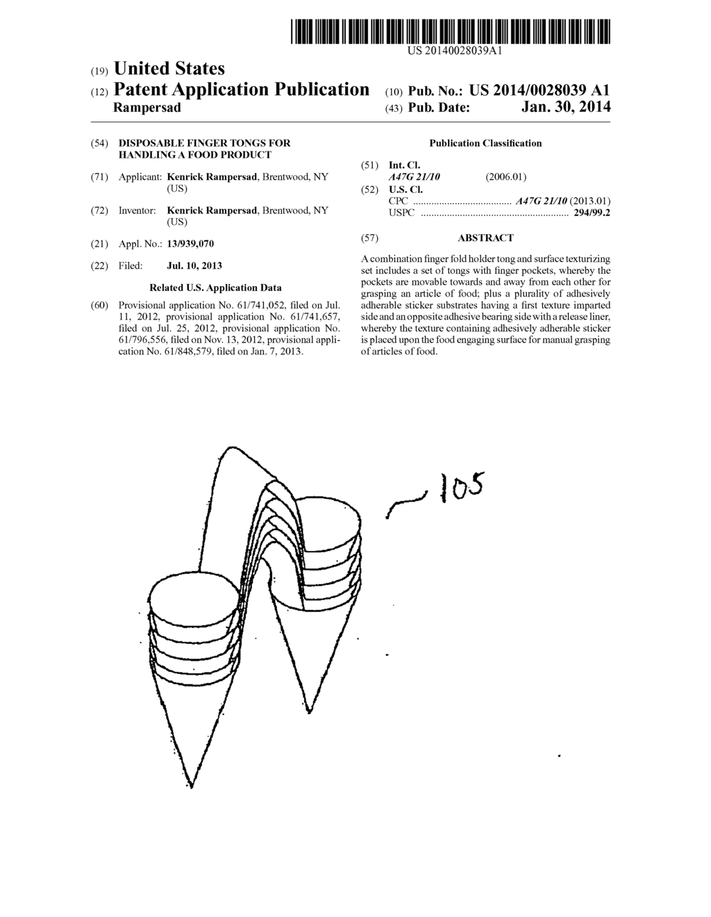 DISPOSABLE FINGER TONGS FOR HANDLING A FOOD PRODUCT - diagram, schematic, and image 01