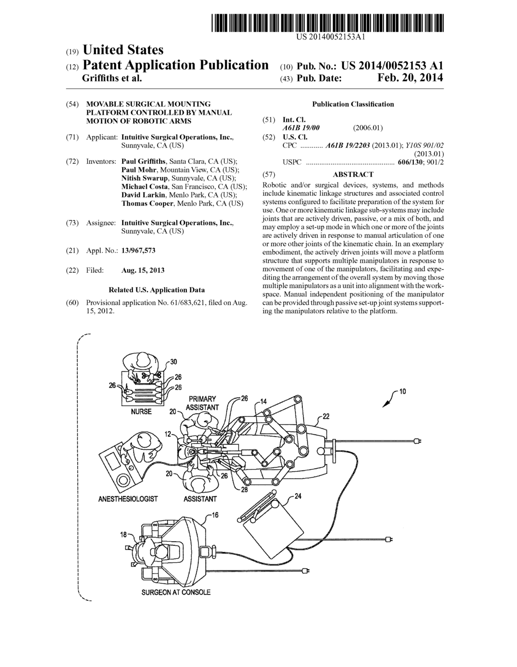 MOVABLE SURGICAL MOUNTING PLATFORM CONTROLLED BY MANUAL MOTION OF ROBOTIC     ARMS - diagram, schematic, and image 01