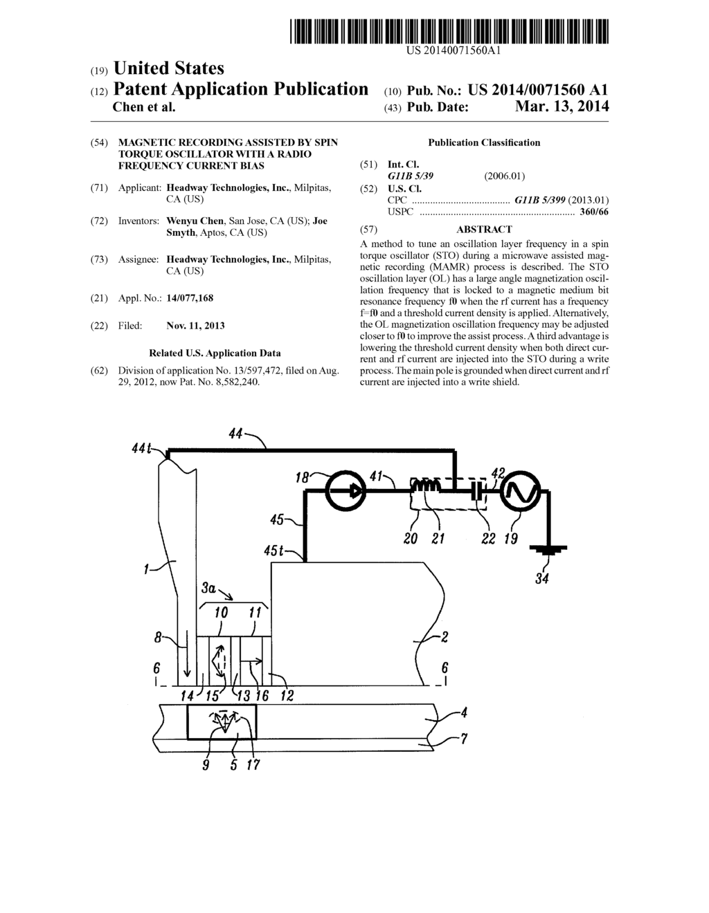 MAGNETIC RECORDING ASSISTED BY SPIN TORQUE OSCILLATOR WITH A RADIO     FREQUENCY CURRENT BIAS - diagram, schematic, and image 01