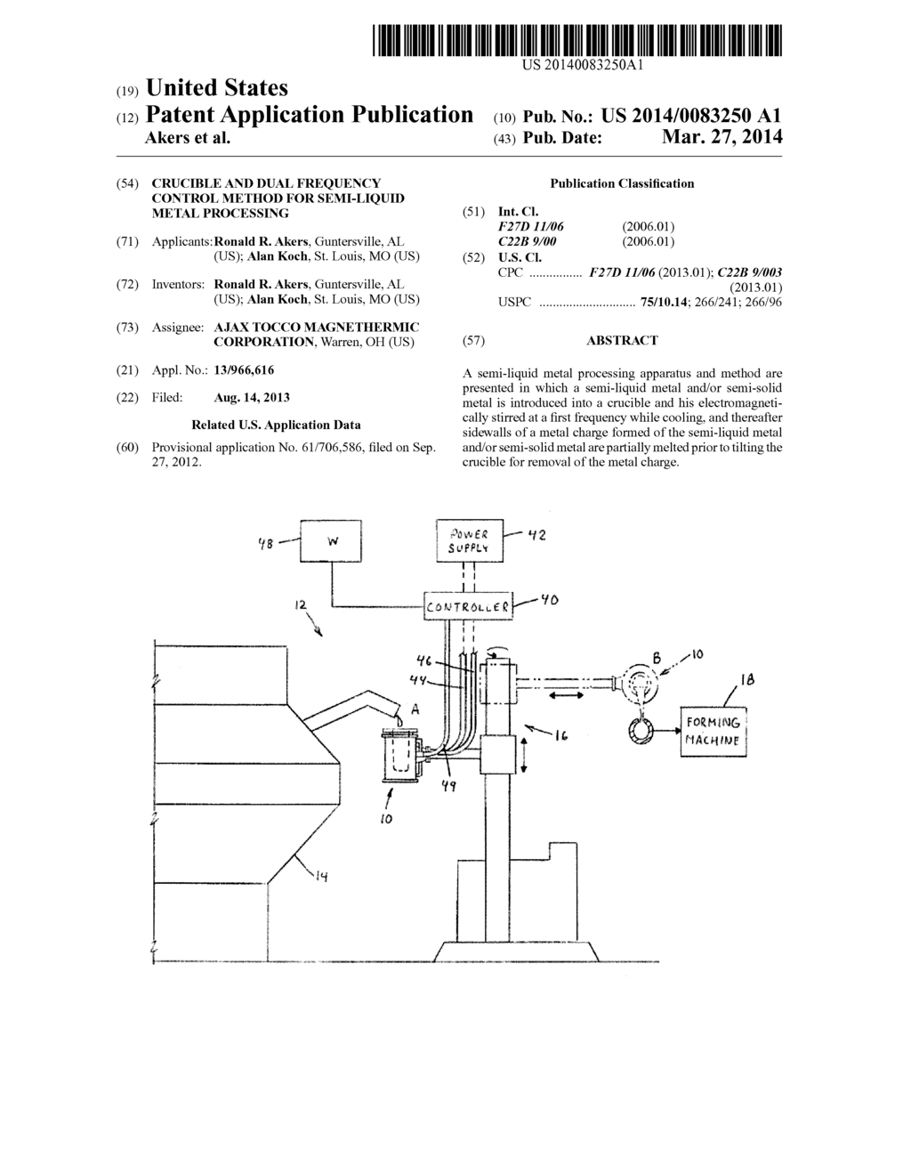 CRUCIBLE AND DUAL FREQUENCY CONTROL METHOD FOR SEMI-LIQUID METAL     PROCESSING - diagram, schematic, and image 01