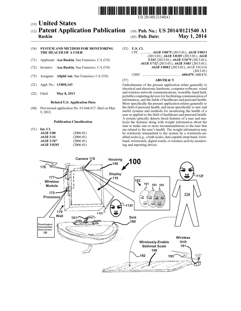 SYSTEM  AND  METHOD  FOR  MONITORING  THE  HEALTH  OF  A  USER - diagram, schematic, and image 01