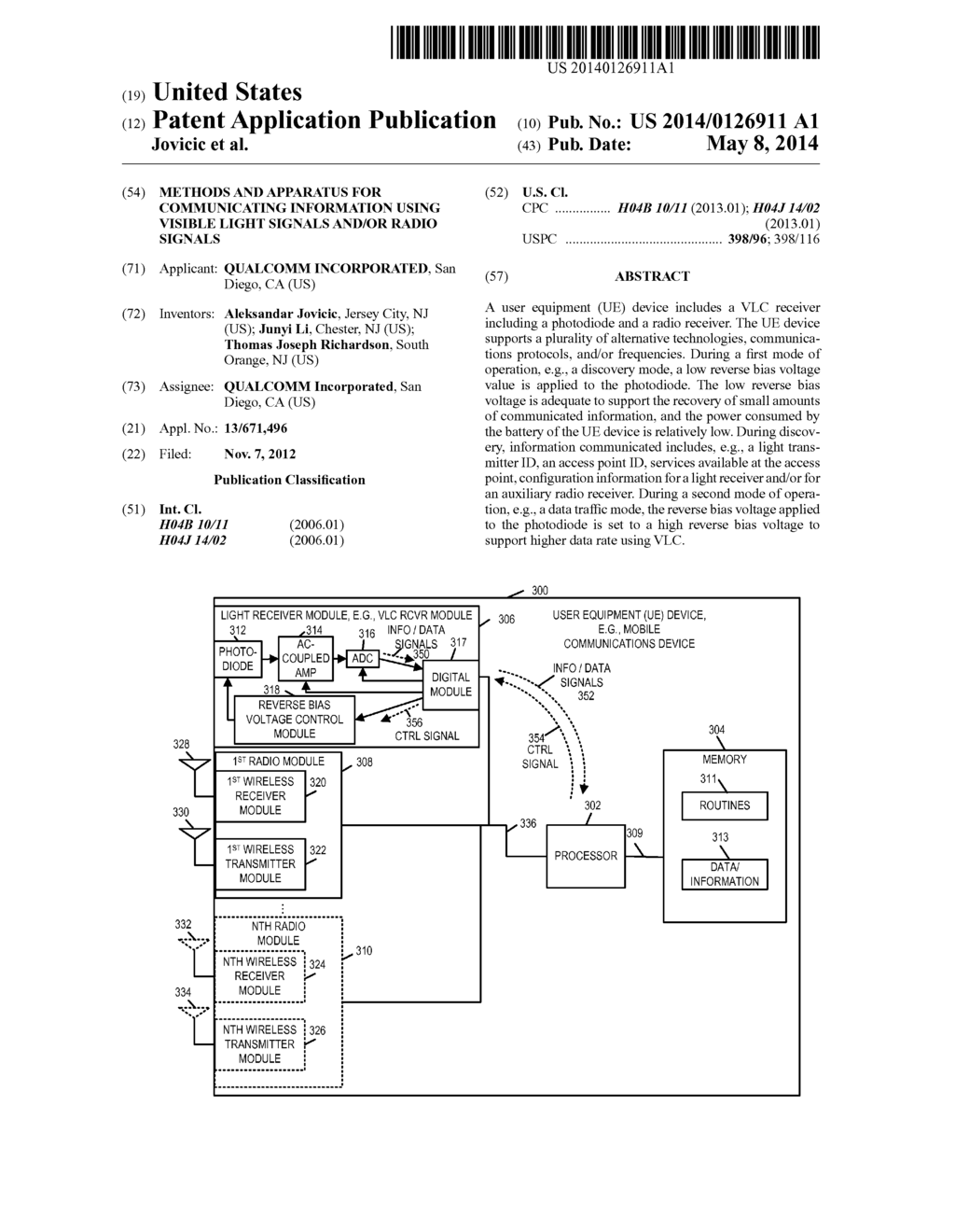 METHODS AND APPARATUS FOR COMMUNICATING INFORMATION USING VISIBLE LIGHT     SIGNALS AND/OR RADIO SIGNALS - diagram, schematic, and image 01