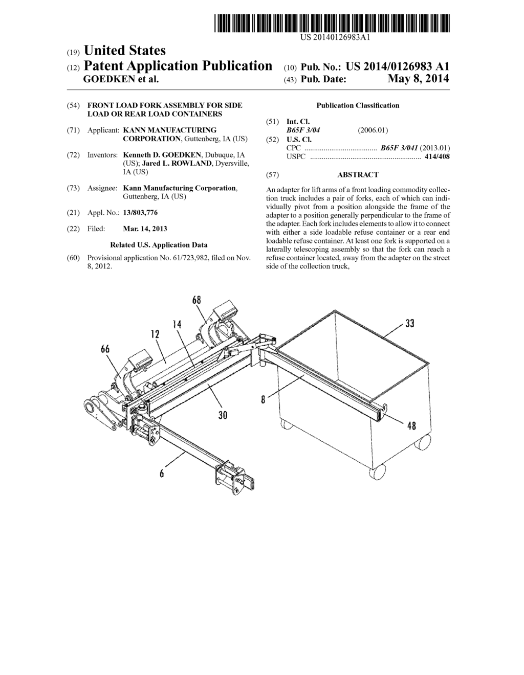 FRONT LOAD FORK ASSEMBLY FOR SIDE LOAD OR REAR LOAD CONTAINERS - diagram, schematic, and image 01