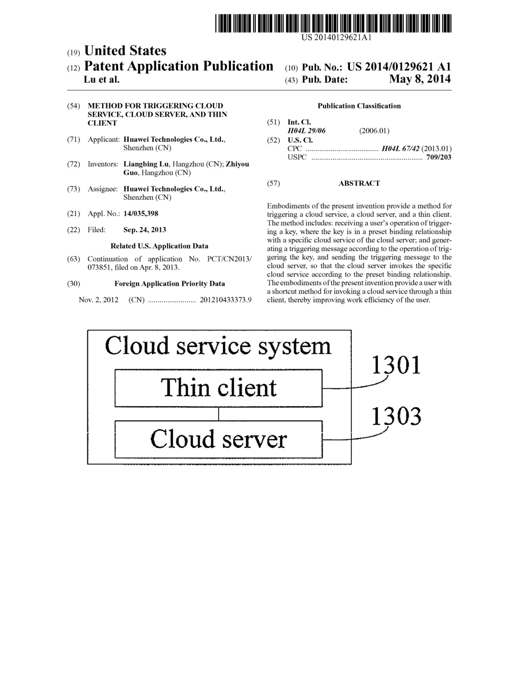METHOD FOR TRIGGERING CLOUD SERVICE, CLOUD SERVER, AND THIN CLIENT - diagram, schematic, and image 01