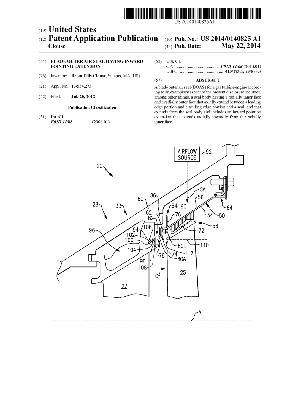 BLADE OUTER AIR SEAL HAVING INWARD POINTING EXTENSION - diagram, schematic, and image 01