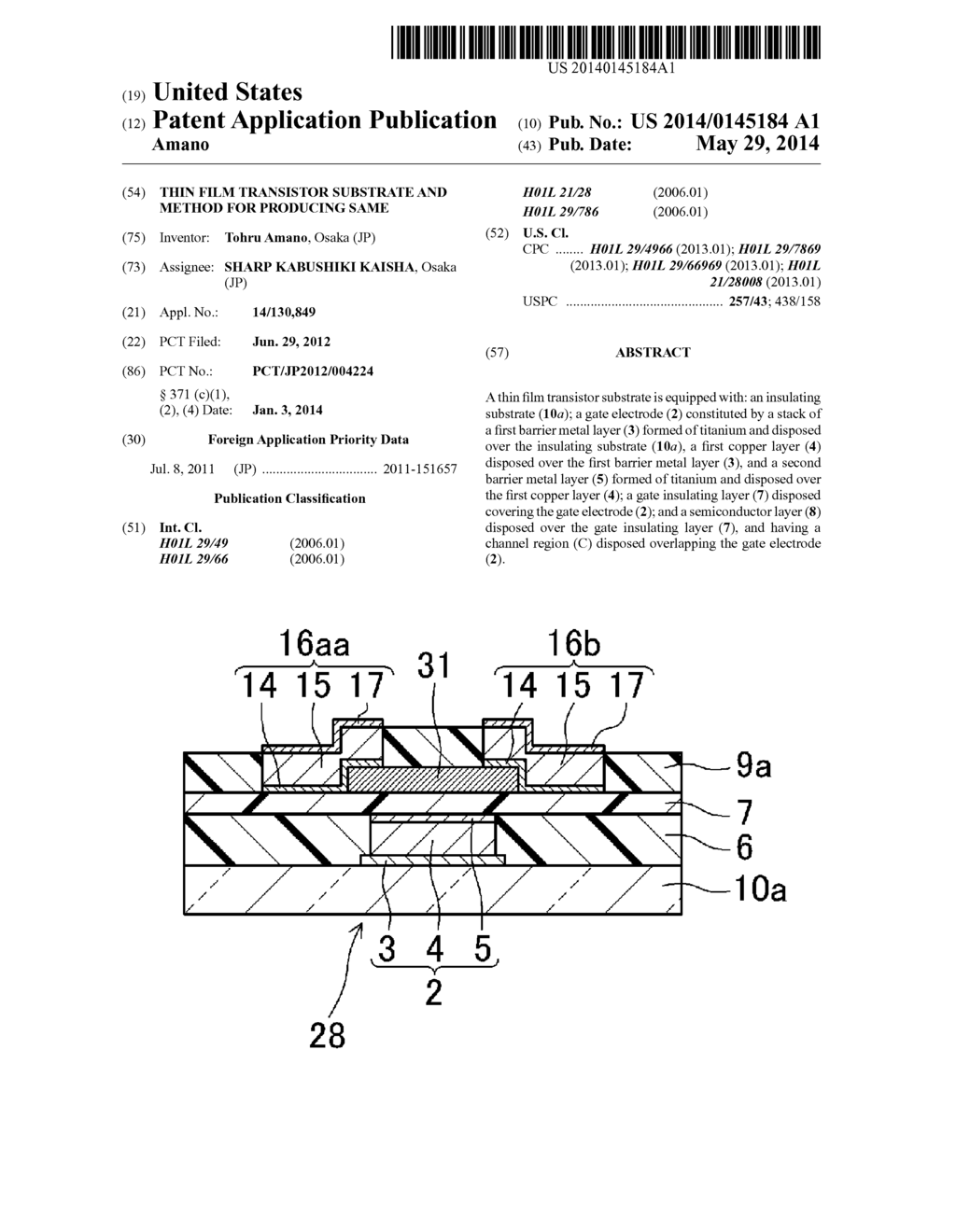 THIN FILM TRANSISTOR SUBSTRATE AND METHOD FOR PRODUCING SAME - diagram, schematic, and image 01