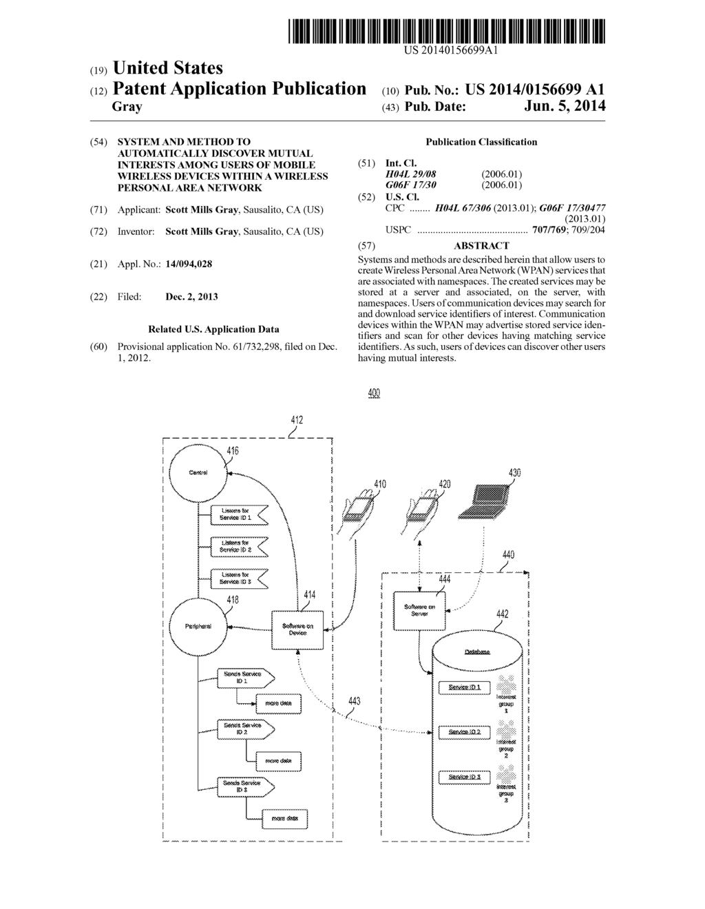 SYSTEM AND METHOD TO AUTOMATICALLY DISCOVER MUTUAL INTERESTS AMONG USERS     OF MOBILE WIRELESS DEVICES WITHIN A WIRELESS PERSONAL AREA NETWORK - diagram, schematic, and image 01