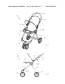 FOLDABLE STROLLER FRAME HAVING THREE SECTIONS JOINED TO AND FOLDABLE     AROUND A COMMON HUB STRUCTURE diagram and image