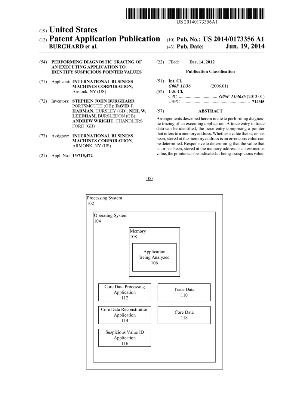 PERFORMING DIAGNOSTIC TRACING OF AN EXECUTING APPLICATION TO IDENTIFY     SUSPICIOUS POINTER VALUES - diagram, schematic, and image 01