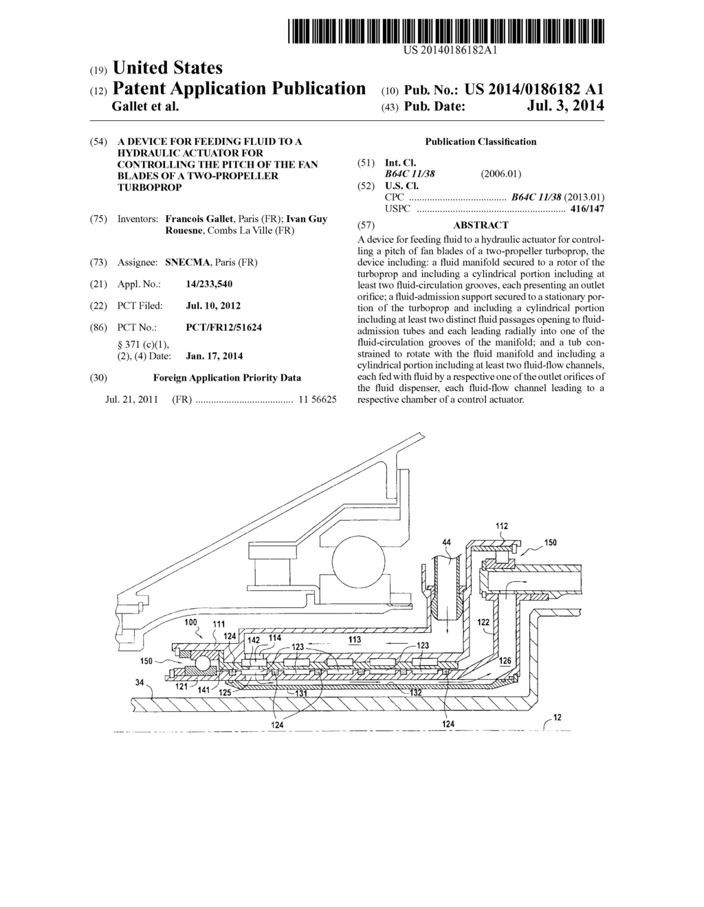 A DEVICE FOR FEEDING FLUID TO A HYDRAULIC ACTUATOR FOR CONTROLLING THE     PITCH OF THE FAN BLADES OF A TWO-PROPELLER TURBOPROP - diagram, schematic, and image 01