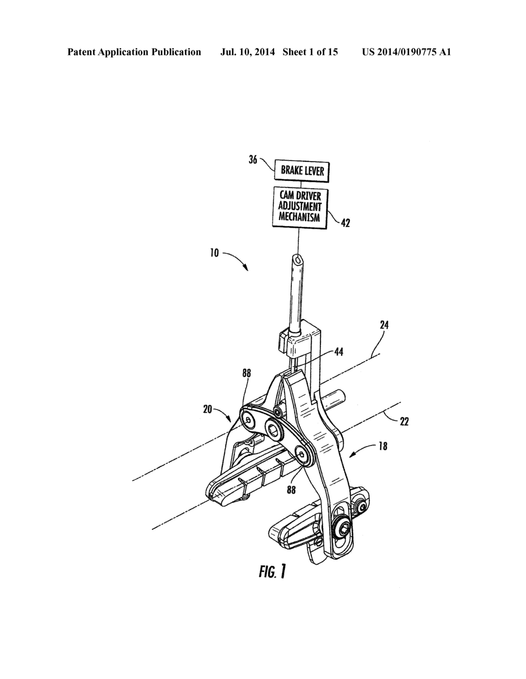 BRAKE HAVING CUSTOM KINEMATICS AND WIDE RANGE ADJUSTABILITY FOR WIDE AND     NARROW RIMS - diagram, schematic, and image 02