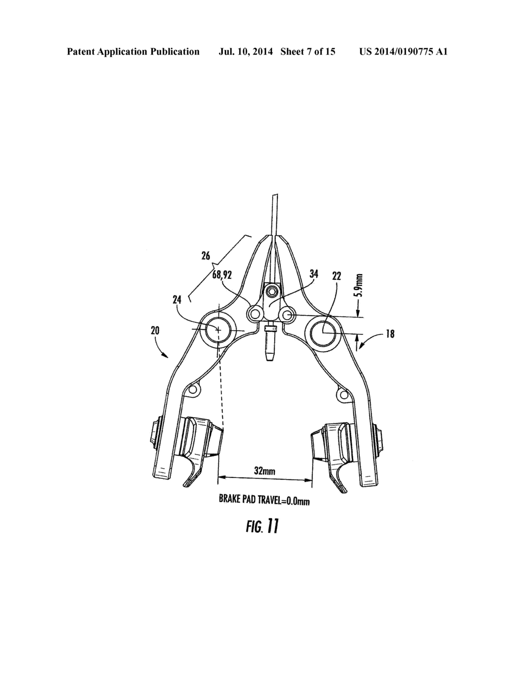 BRAKE HAVING CUSTOM KINEMATICS AND WIDE RANGE ADJUSTABILITY FOR WIDE AND     NARROW RIMS - diagram, schematic, and image 08