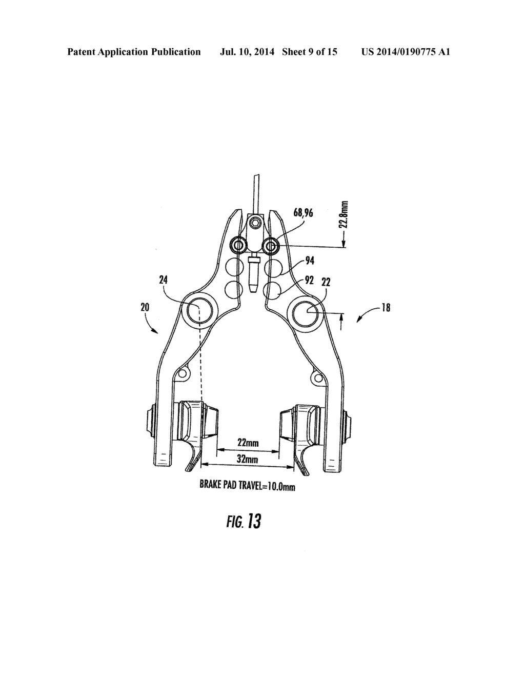 BRAKE HAVING CUSTOM KINEMATICS AND WIDE RANGE ADJUSTABILITY FOR WIDE AND     NARROW RIMS - diagram, schematic, and image 10